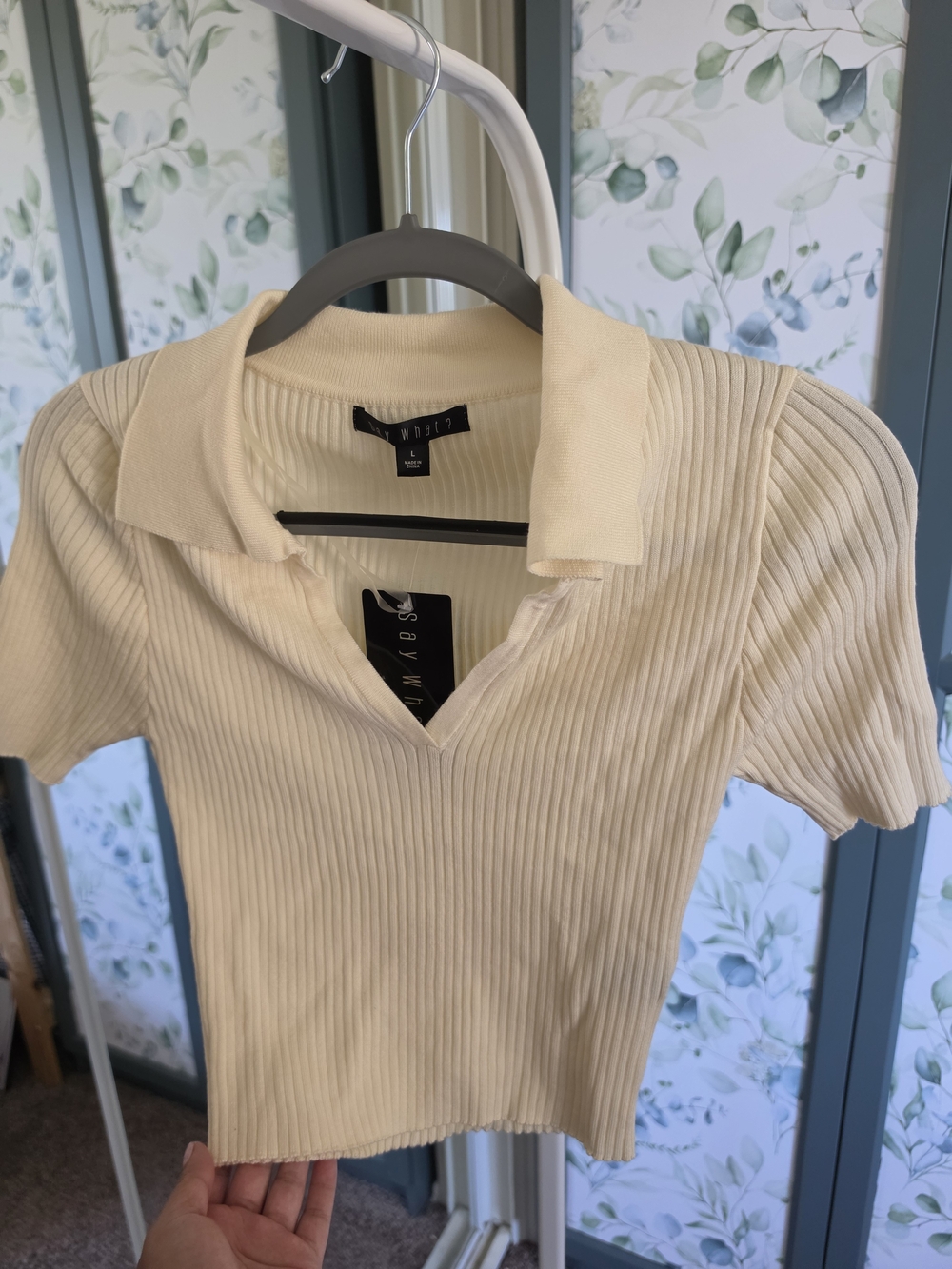 White House Black Market Cream Ribbed Polo Crop Top